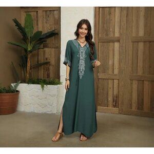 Boho Gypsy Beach Goddess Green Long Caftan Dress Cover-up V-Neckline & Tie